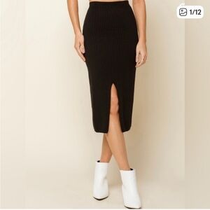 Free People Black Ribbed Skyline Front Slit Midi Skirt